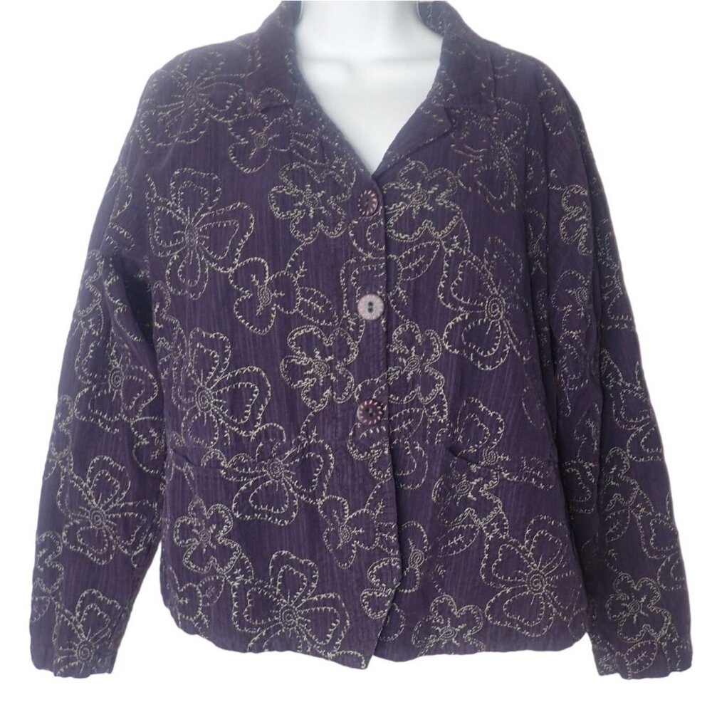 Flax women S Embroidered‎ Corduroy Jacket Blazer Lightweight Purple Floral Boho